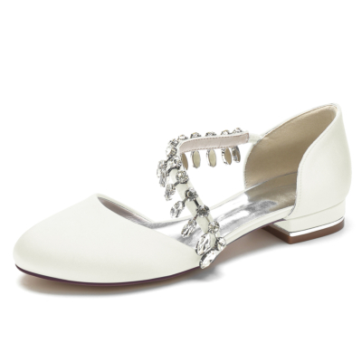 Zapatos de boda planos de satén con punta redonda y flecos de diamantes de imitación beige