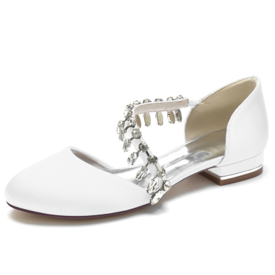 Zapatos de boda planos de satén con punta redonda y flecos de diamantes de imitación blancos