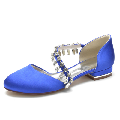 Zapatos de boda planos de satén con punta redonda y flecos de diamantes de imitación azul real