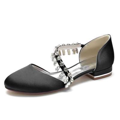 Zapatos de boda planos de satén con punta redonda y flecos de diamantes de imitación negros