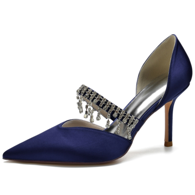 Zapatos de tacón de aguja con flecos de diamantes de imitación azul marino D'orsay Mary Jane