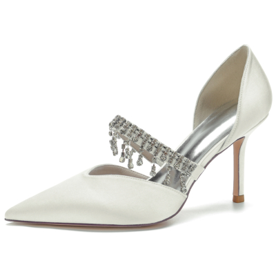 Zapatos de tacón de aguja con flecos de diamantes de imitación marfil D'orsay Zapatos de boda Mary Jane