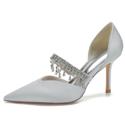Tacón de aguja con flecos de diamantes de imitación plateados D'orsay Pumps Mary Jane Zapatos de boda