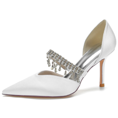Tacón de aguja con flecos de diamantes de imitación blancos D'orsay Bombas Mary Jane Zapatos de boda