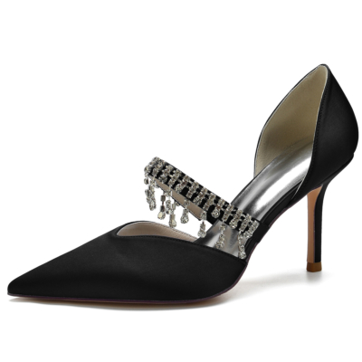 Tacón de aguja con flecos de diamantes de imitación negros D'orsay Pumps Mary Jane Shoes