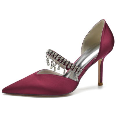 Zapatos de tacón de aguja con flecos de diamantes de imitación burdeos D'orsay zapatos de boda Mary Jane