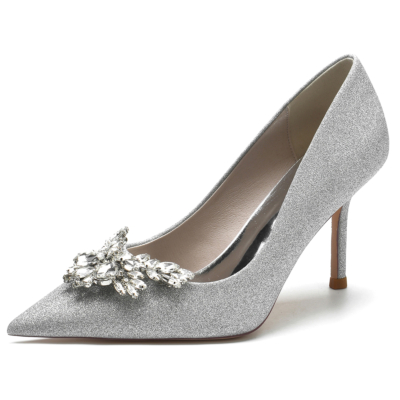 Zapatos de tacón de aguja con punta en pico y diamantes de imitación plateados