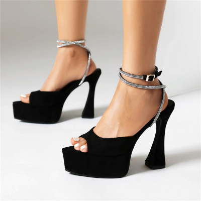 Sandalias de plataforma con cordones y diamantes de imitación negros, zapatos de fiesta con tacones de carrete