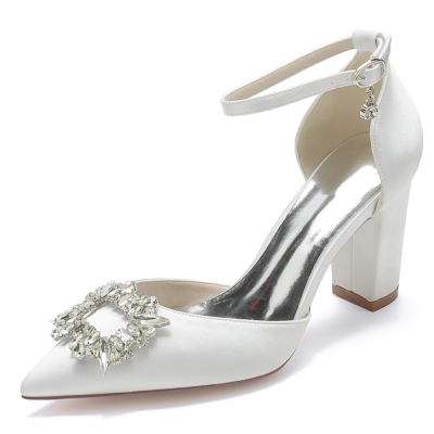Zapatos de tacón grueso con correa en el tobillo y punta estrecha con diamantes de imitación blancos Zapatos de boda de satén