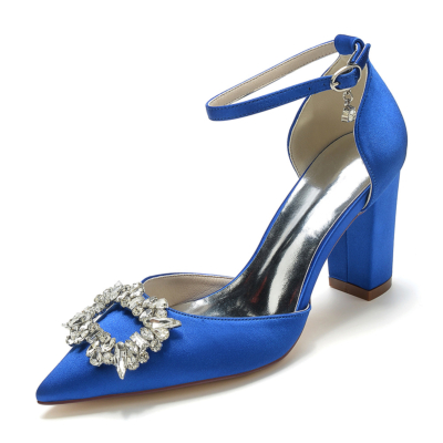 Zapatos de boda de satén con correa en el tobillo y tacón grueso con punta en pico de diamantes de imitación azul real