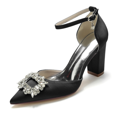 Zapatos de tacón grueso con correa en el tobillo y punta estrecha con diamantes de imitación negros Zapatos de boda de satén