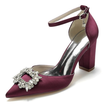 Zapatos de tacón grueso con correa en el tobillo y punta estrecha con diamantes de imitación burdeos Zapatos de boda de satén