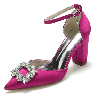 Zapatos de tacón grueso con correa en el tobillo y punta estrecha con diamantes de imitación magenta Zapatos de boda de satén