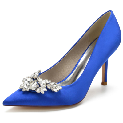Zapatos de tacón de aguja con punta en pico y diamantes de imitación azul real para mujer