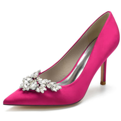 Zapatos de tacón de aguja con punta en punta y diamantes de imitación rosa para mujer
