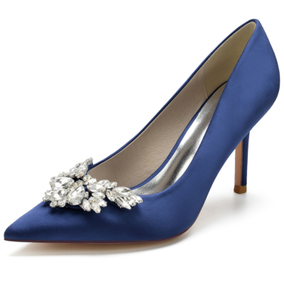 Zapatos de tacón de aguja con punta en pico y diamantes de imitación azul marino para mujer