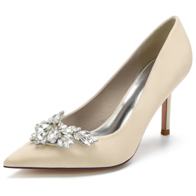 Zapatos de tacón de aguja con punta en punta y diamantes de imitación beige para mujer
