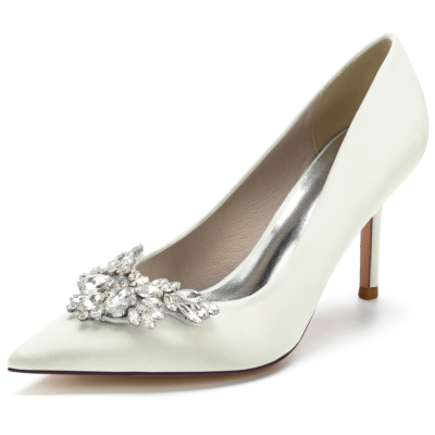 Zapatos de tacón de aguja con punta en punta y diamantes de imitación marfil para mujer