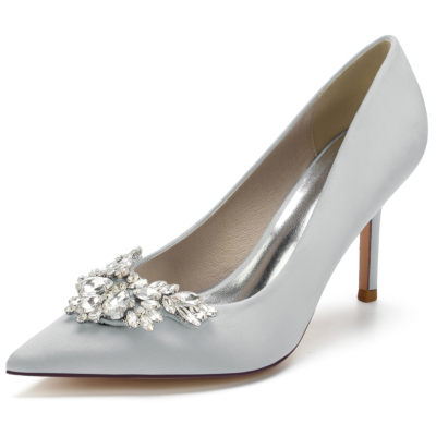 Zapatos de tacón de aguja con punta en pico y diamantes de imitación plateados para mujer