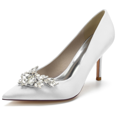 Zapatos de tacón de aguja con punta en punta y diamantes de imitación blancos para mujer