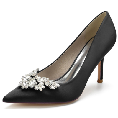 Zapatos de tacón de aguja con punta en punta y diamantes de imitación negros para mujer