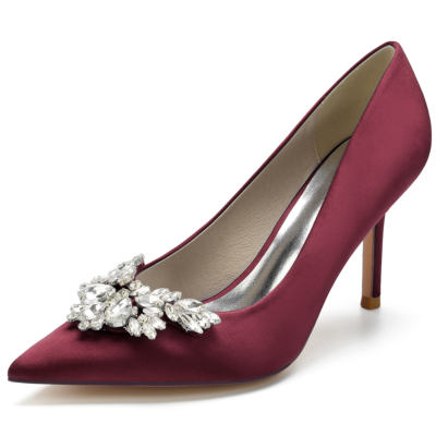Zapatos de tacón de aguja con punta en pico y diamantes de imitación granate para mujer