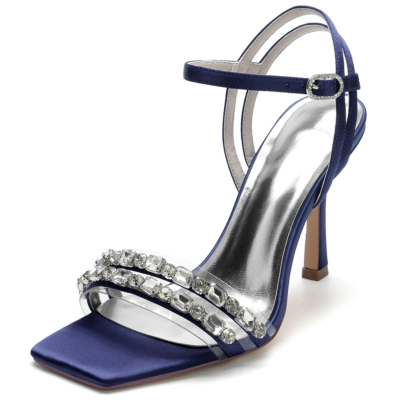 Sandalias de tacón de aguja con correa en el tobillo de satén con diamantes de imitación azul marino