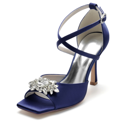 Sandalias de boda de satén con correa cruzada y tacón de aguja con diamantes de imitación azul marino