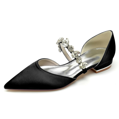 Zapatos planos de satén para boda con correa de diamantes de imitación negros D'orsay Flats