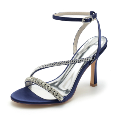 Sandalias con correa en el tobillo y tacón de aguja con correa de diamantes de imitación azul marino Zapatos de fiesta de satén
