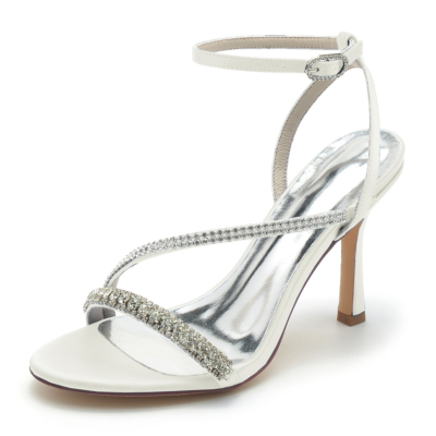 Sandalias de tacón de aguja con correa de diamantes de imitación de color blanco marfil, zapatos de fiesta de satén