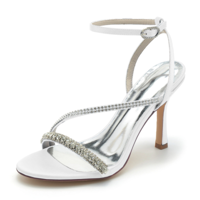 Sandalias de tacón de aguja con correa de diamantes de imitación blancos, zapatos de fiesta de satén con correa en el tobillo