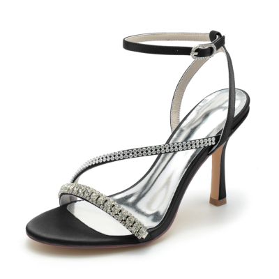 Correa de diamantes de imitación negro Tacón de aguja Sandalias con correa en el tobillo Zapatos de fiesta de satén