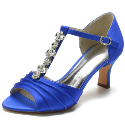 Sandalias peep toe con correa en T de diamantes de imitación azul real Tacones medios nupciales D'orsay