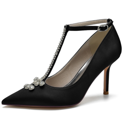 Zapatos de tacón de aguja con punta en T y diamantes de imitación negros