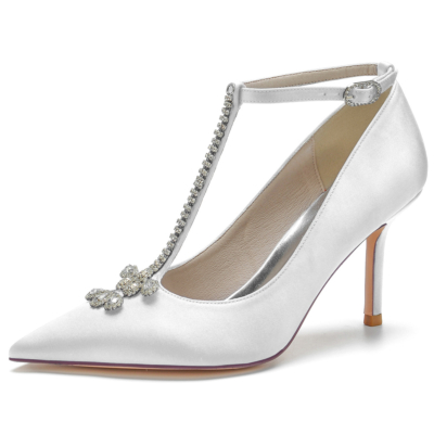 Zapatos de boda de tacón de aguja con punta en pico y tacón de correa en T de diamantes de imitación blancos