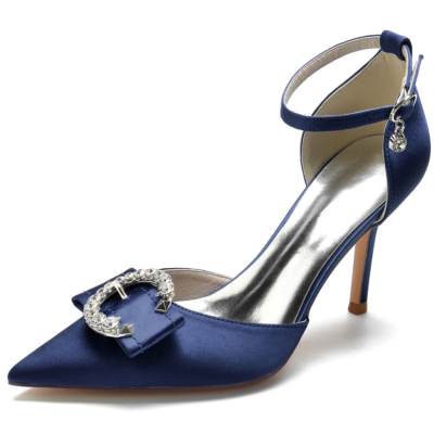 Zapatos de tacón de satén con hebilla circular y pedrería azul marino con correa en el tobillo Zapatos D'orsay