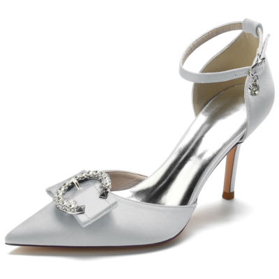 Zapatos de tacón de satén con hebilla circular de diamantes de imitación grises con correa en el tobillo D'orsay
