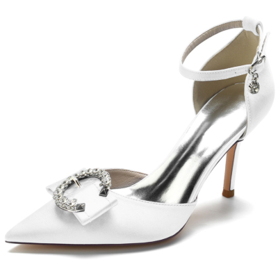 Zapatos de tacón de satén con hebilla circular de diamantes de imitación blancos con correa en el tobillo Zapatos D'orsay