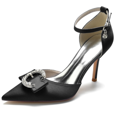 Zapatos de tacón de satén con hebilla circular de diamantes de imitación negros con correa en el tobillo Zapatos D'orsay