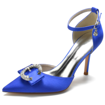 Zapatos de tacón de satén con hebilla circular de diamantes de imitación azul real con correa en el tobillo Zapatos D'orsay