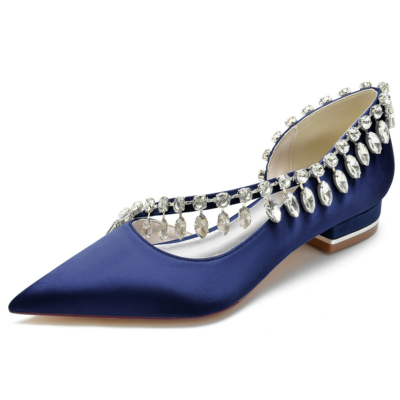 Zapatos planos de satén con tiras cruzadas y diamantes de imitación azul marino D'orsay para mujer