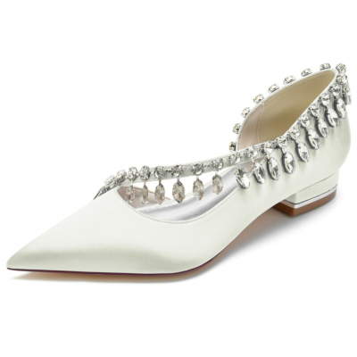 Zapatos planos de satén con tiras cruzadas de diamantes de imitación marfil D'orsay para baile de mujer
