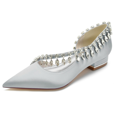 Zapatos planos de satén con tiras cruzadas de diamantes de imitación grises D'orsay para mujer para danza