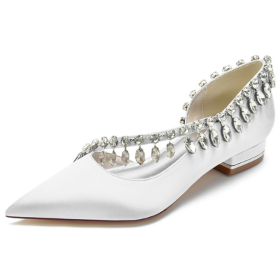 Zapatos planos de satén con correa cruzada de diamantes de imitación blancos D'orsay para baile de mujer