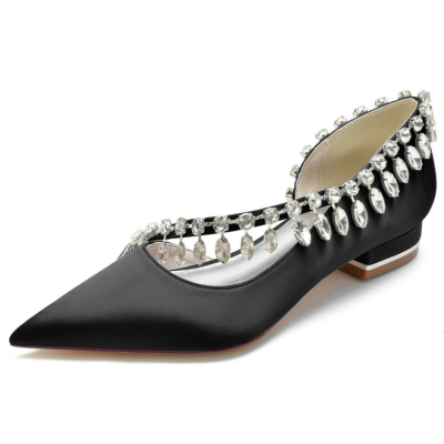 Zapatos planos de satén con correa cruzada de diamantes de imitación negros D'orsay para mujer para danza