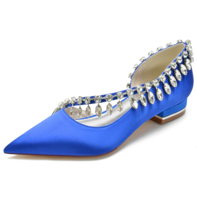 Royal Blue Rhinestone Cross Strap Satin Flats D'orsay Zapatos de mujer para danza