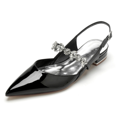 Zapatos planos de vestidos de novia sin espalda recortados con diamantes de imitación negros con punta estrecha