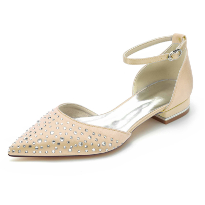 Zapatos planos adornados con diamantes de imitación de champán D'orsay con correa en el tobillo para boda