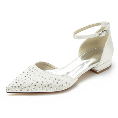 Zapatos planos con adornos de diamantes de imitación beige D'orsay Flats con correa en el tobillo para boda